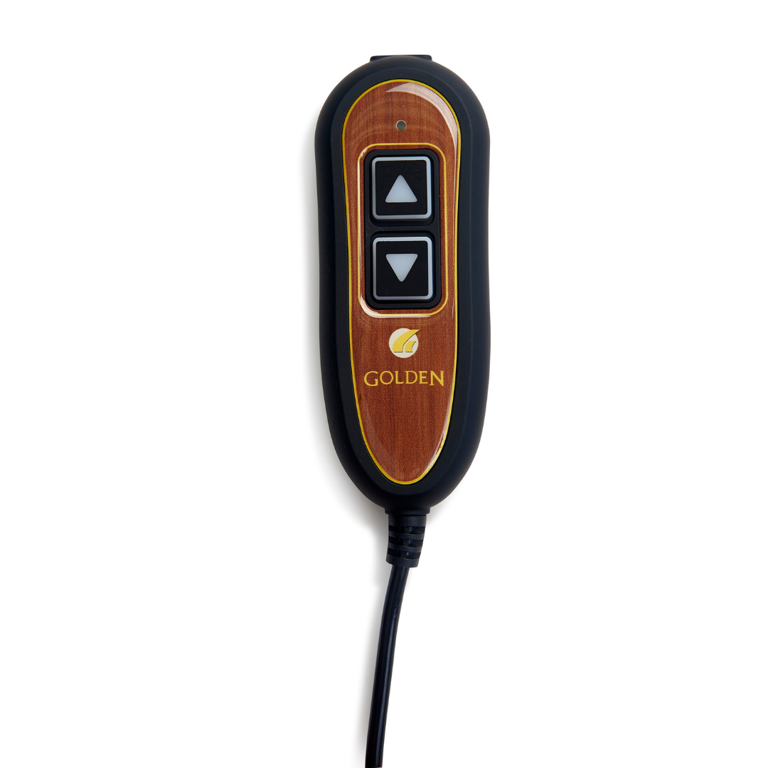The Golden Technologies Lift Chair Remote Replacement is a handheld controller for Power Lift Chairs. It has two black buttons with white arrows, a faux wood grain finish, and the Golden Technologies logo above Golden. A black cord extends from the bottom, perfect for AutoDrive Calibration.